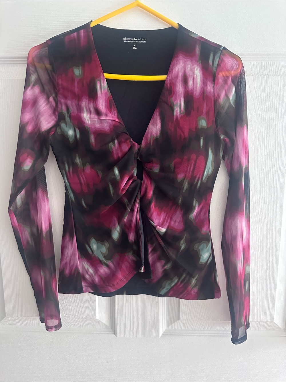 Abercrombie & Fitch Black and Pink Twist-Front Sheer Blouse